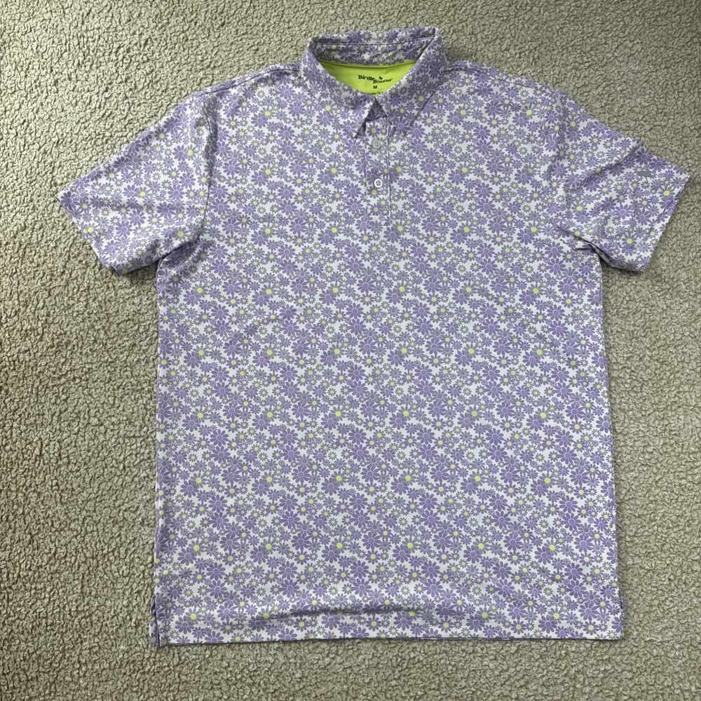 Birdie Bound Polo Shirt Men's Medium Floral Print Golf Pink White Short Sleeve